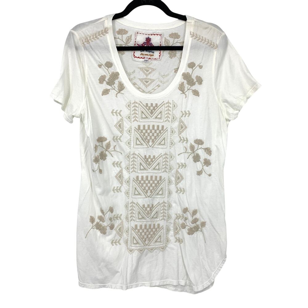 Johnny Was Scoop Neck Short Sleeve Embroidered T-Shirt Womens Sz L White Beige